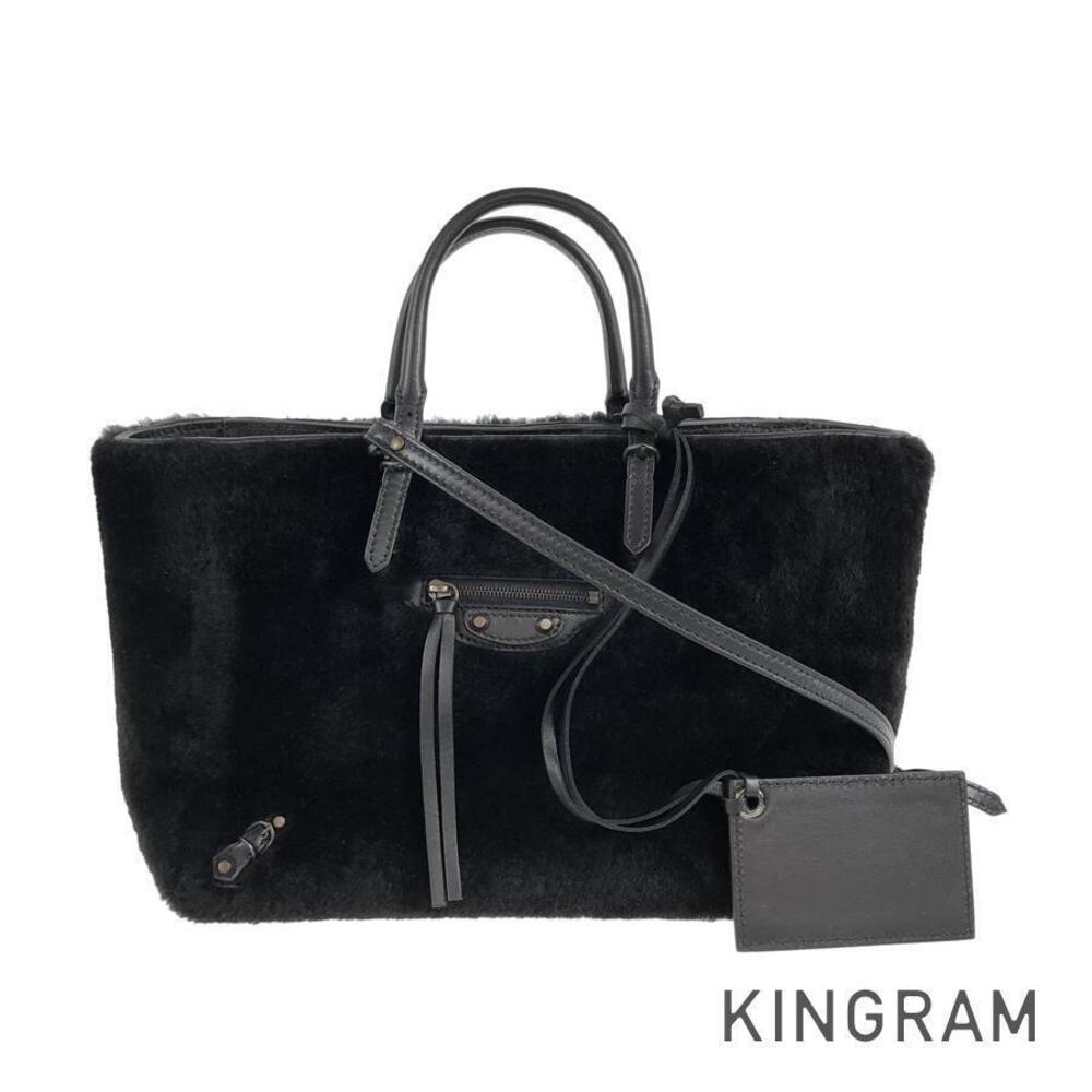 Balenciaga Paper Shoulder Bag Black Shearling Leather Handbag